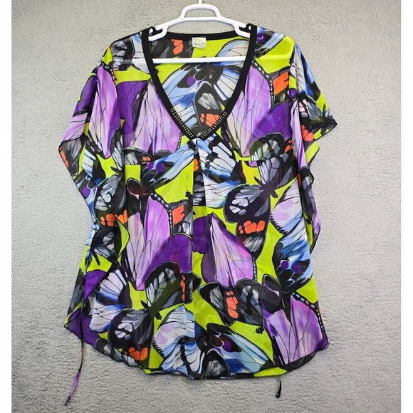 One World Beach Cover Up Women's XL Purple Butterfly Kimono Sheer V-Neck Overlay - Picture 1 of 13